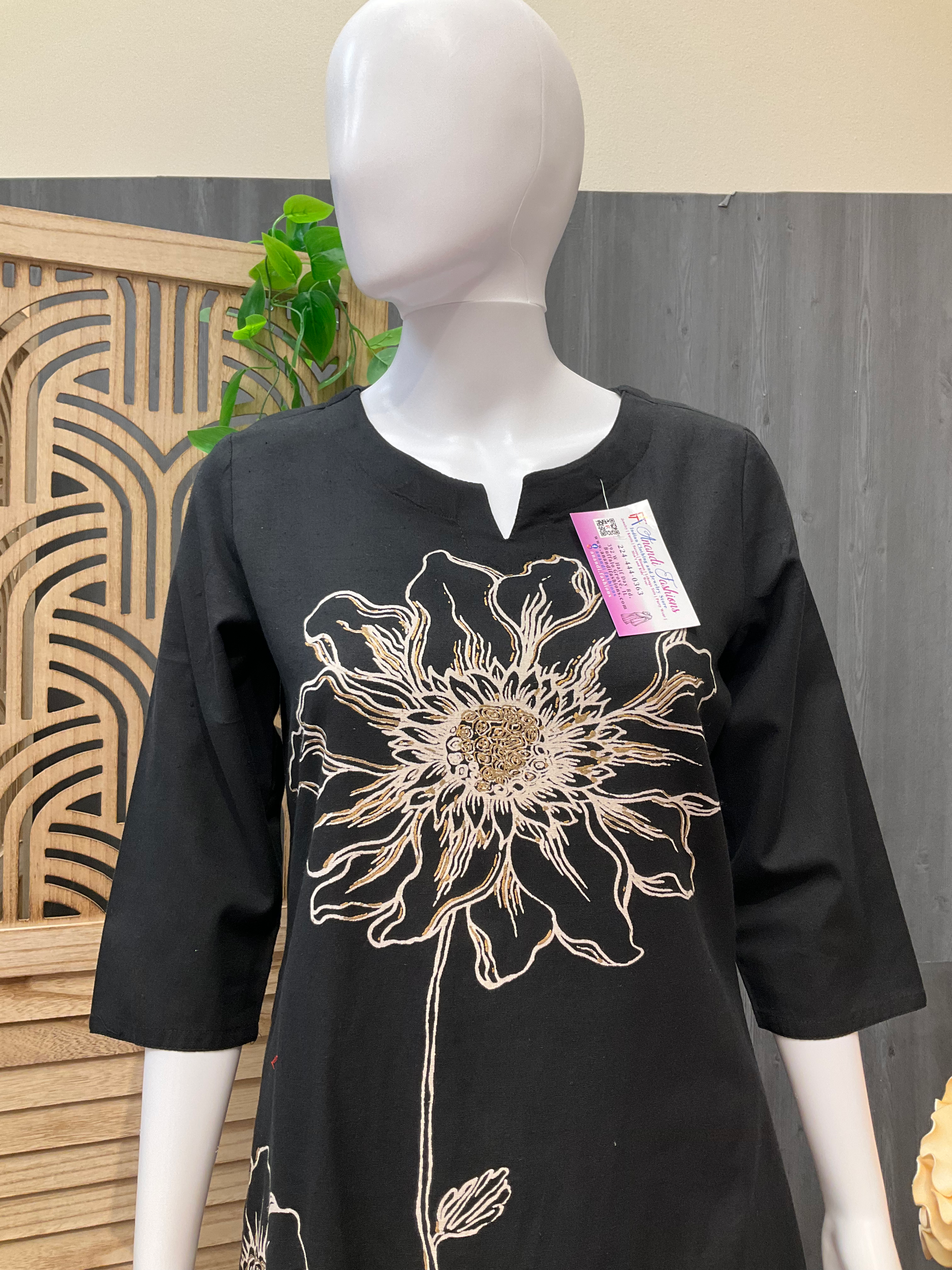 Humming Bird Print - Black Kurti with short Palazzo pants image 2