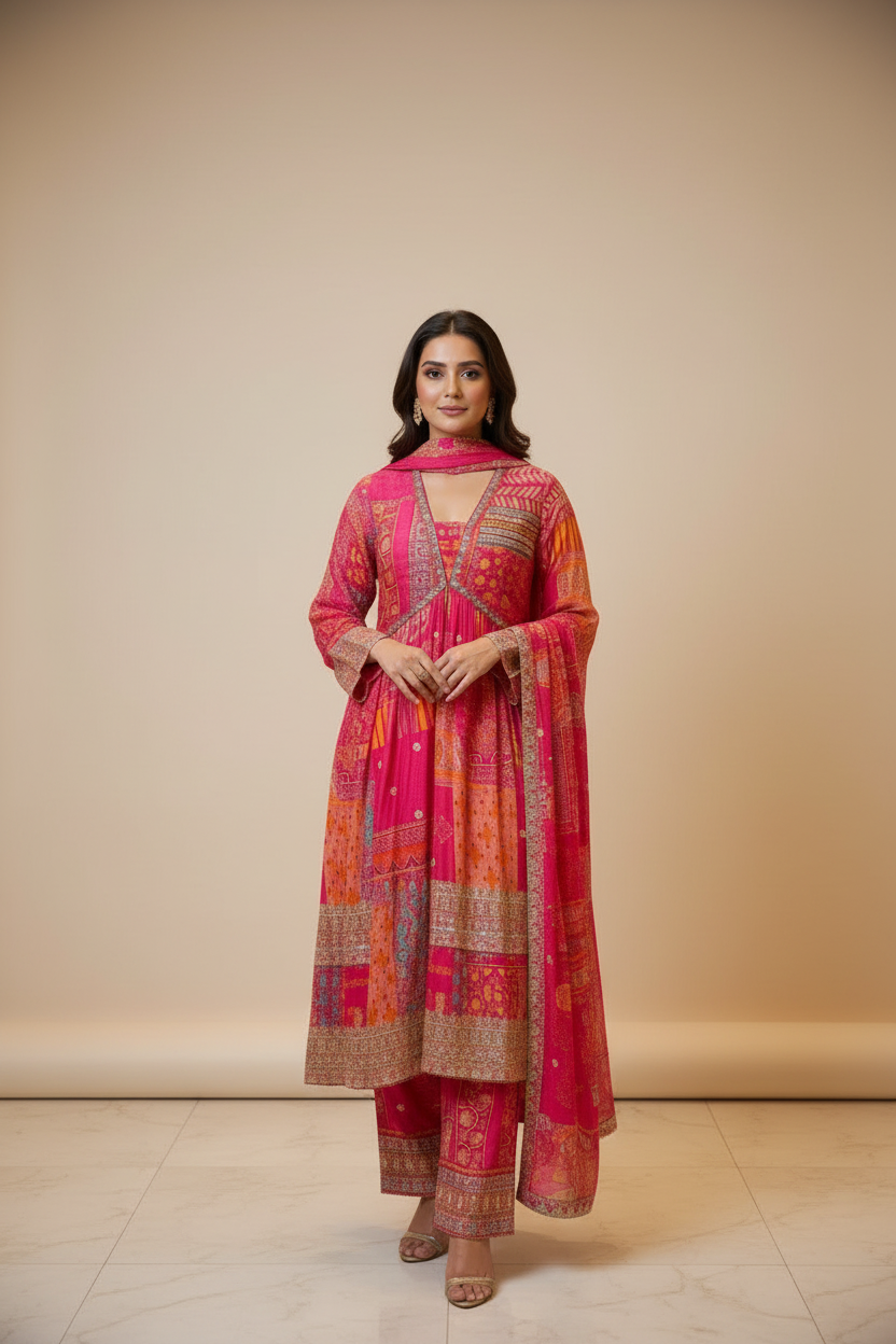 Alia Cut Dress Hot Pink Sharara Suit in Alia Cut Style Embroidered Sharara Set