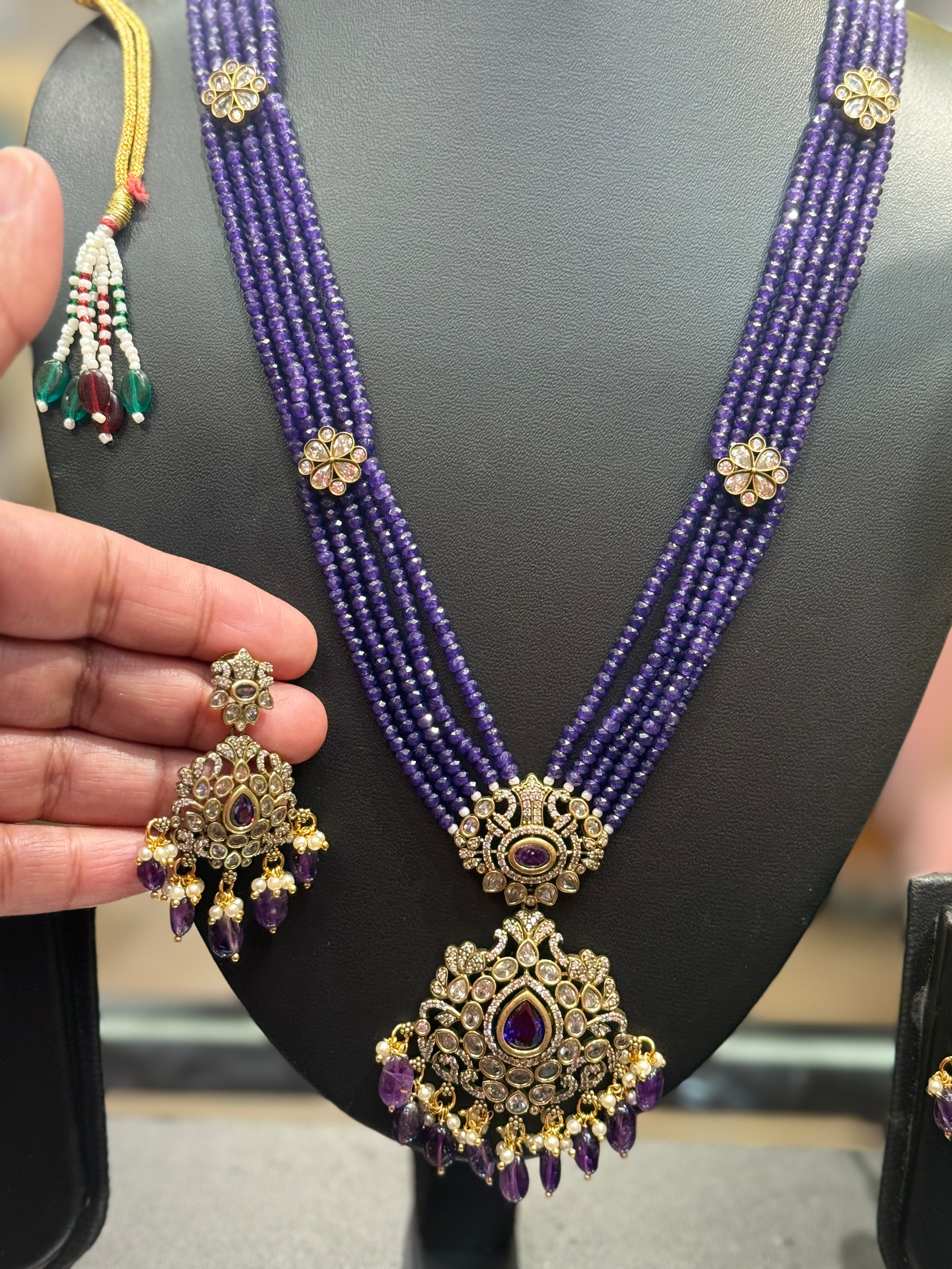 Crystal Beads Long Necklace with Victorian pendant & Earrings  image 4