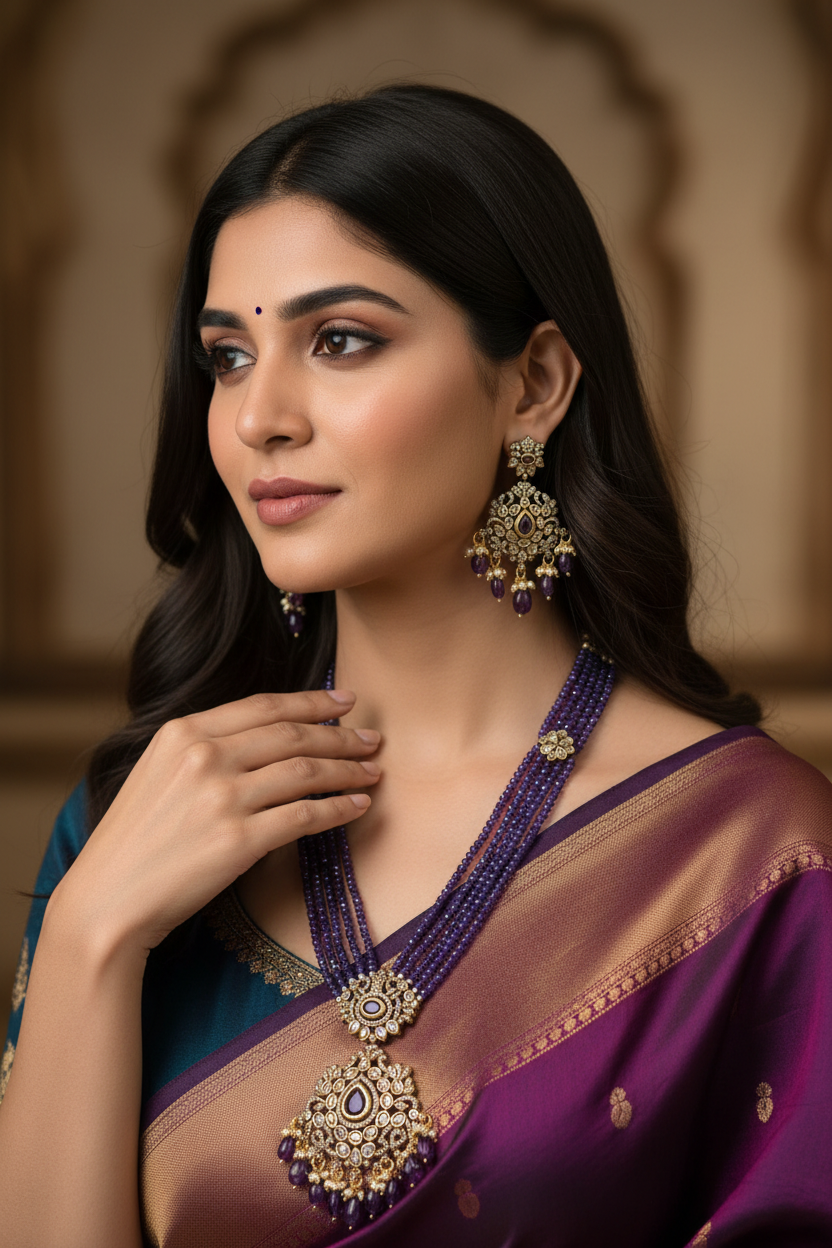 Elegant Indian woman wearing purple and gold saree with traditional purple gemstone necklace and earrings