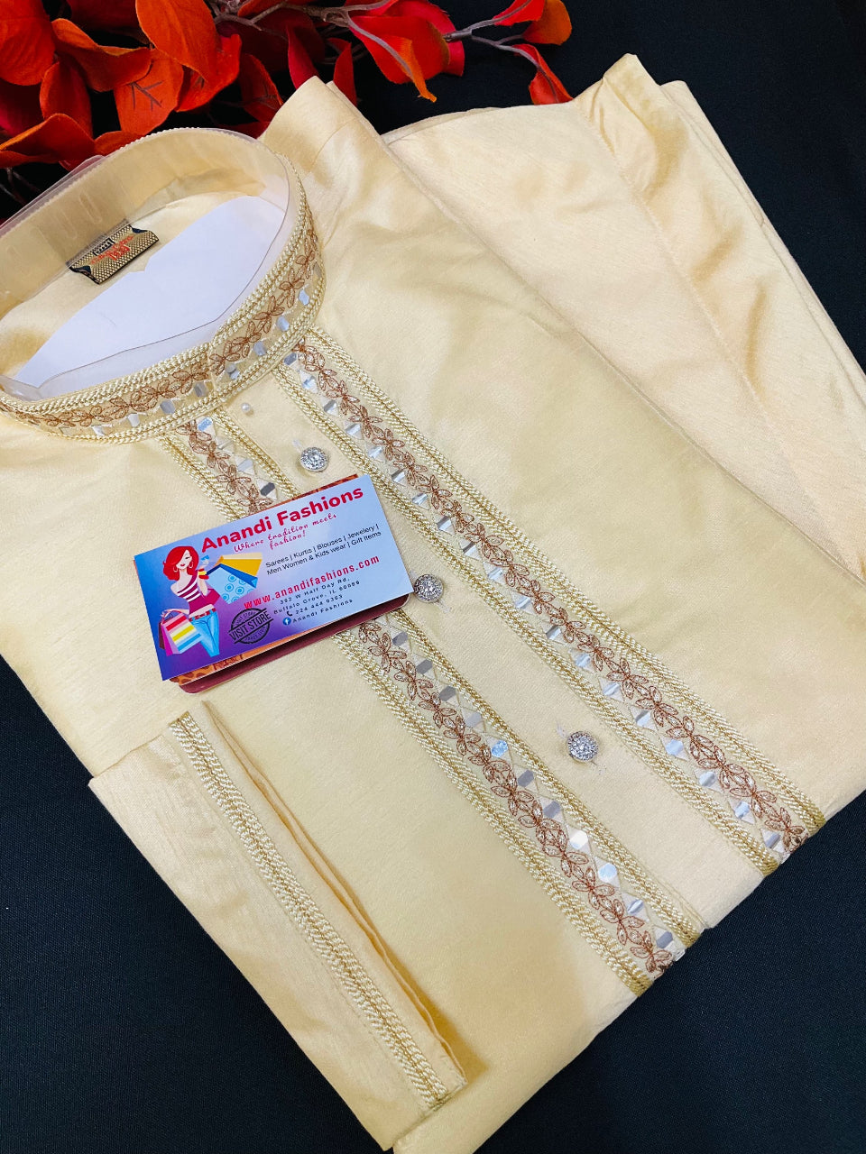 Size 42- cream color Silk Kurta for Men - Men’s Embroidered Neckline Kurta Set image 0