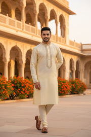 Men’s Cream Silk Embroidered Neckline Kurta Set - Mens - Kurta Set - Anandi Fashions