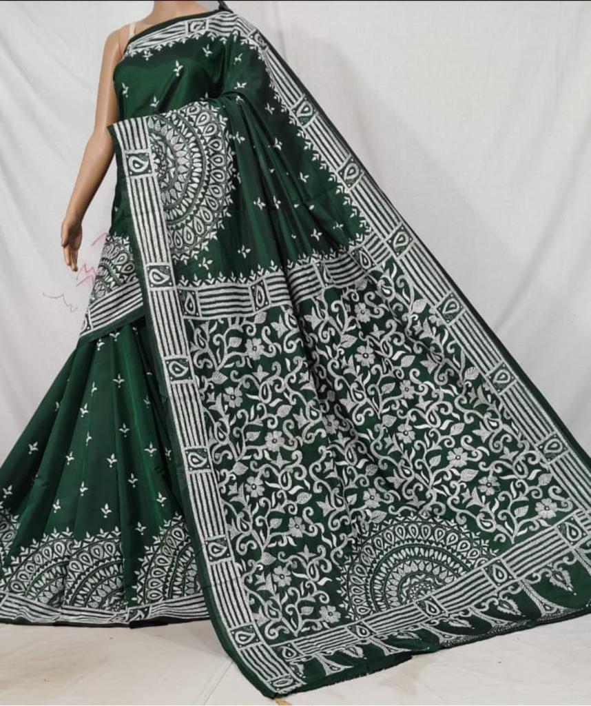 Indian Saree - Banglori Silk Bottle Green Kantha Work saree- Fall Pico Done image 1