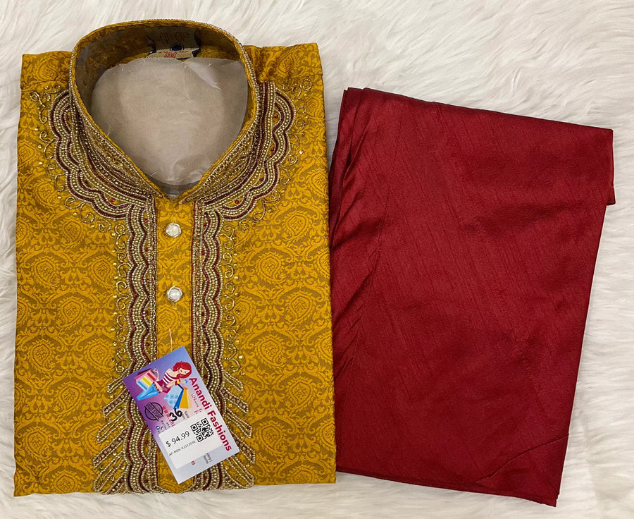 Size 36-Indian Kurta for Men - Stylish Yellow Kurta with Maron Pajama