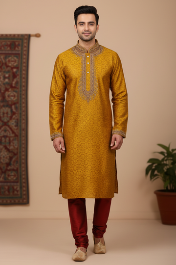 Size 36-Indian Kurta for Men - Stylish Yellow Kurta with Maron Pajama