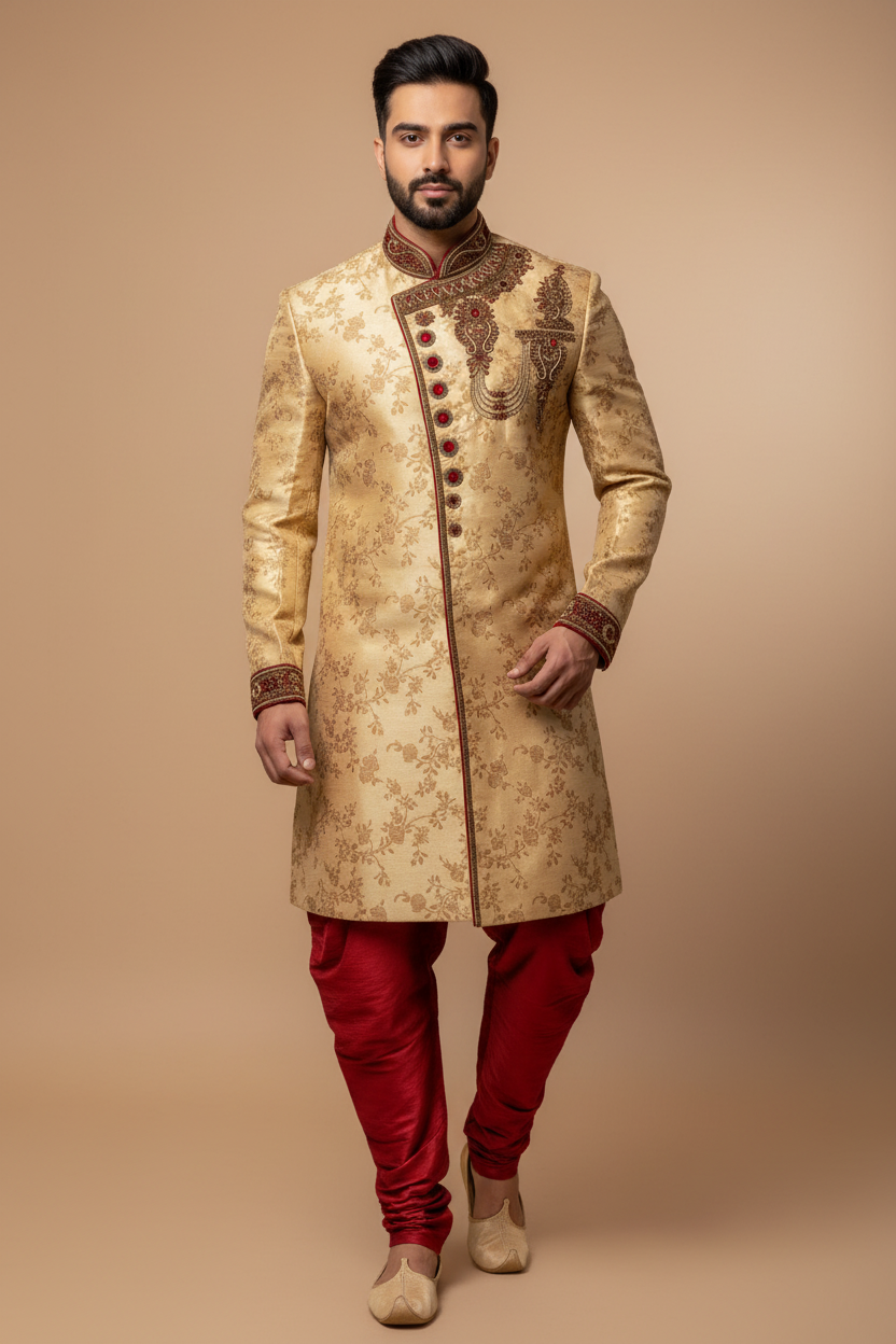 Sherwani - Heavy Bridal Party Wear Sherwani for Men with Jodhpuri Pants