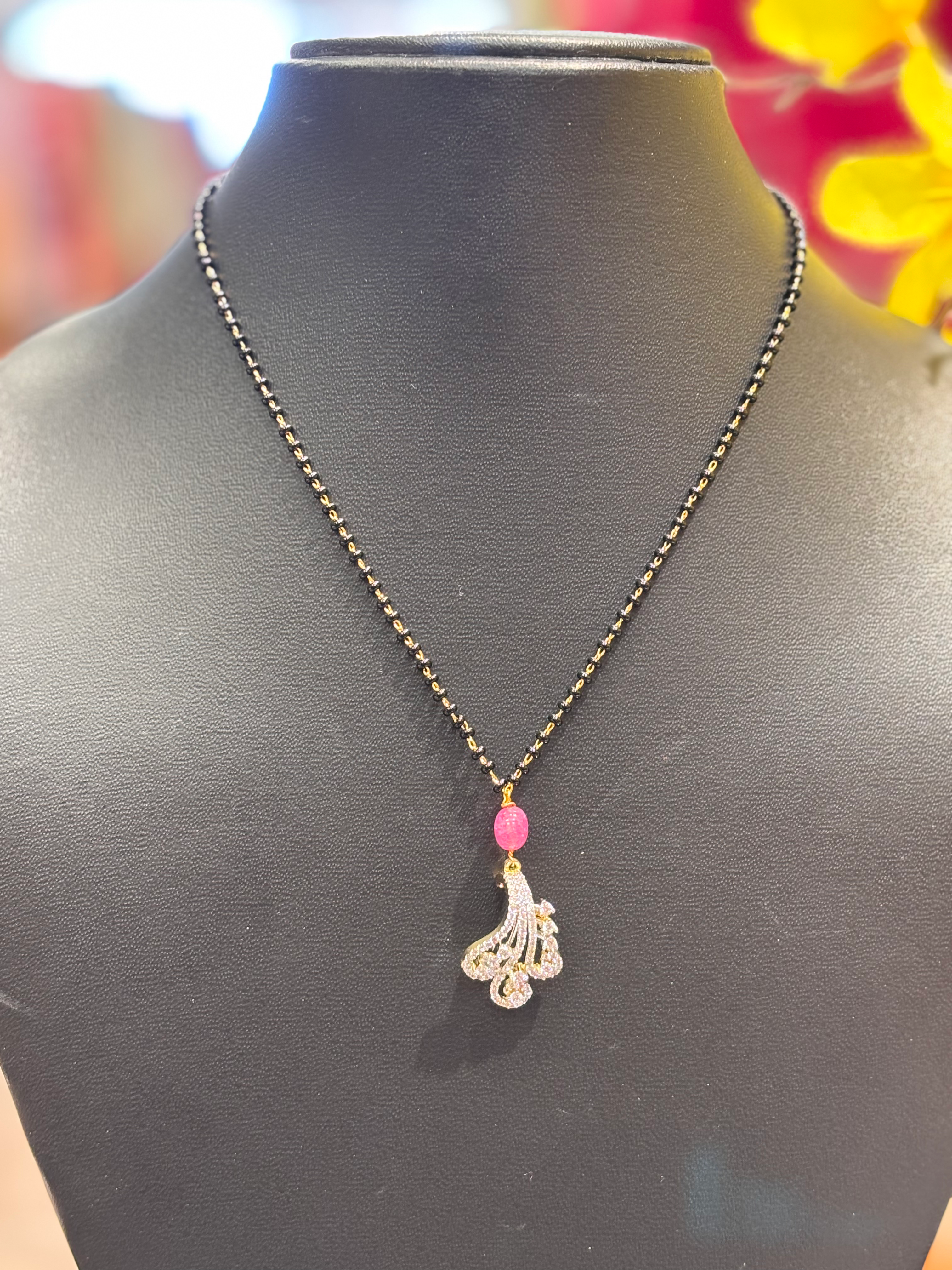 Single line-Black Beads Chain with CZ pendant and pink bead image 0
