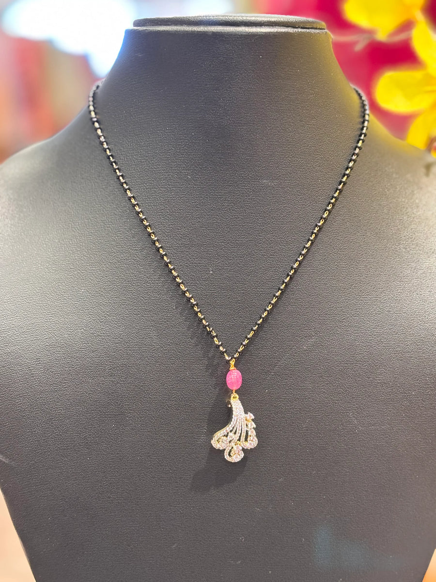 Single line-Black Beads Chain with CZ pendant and pink bead