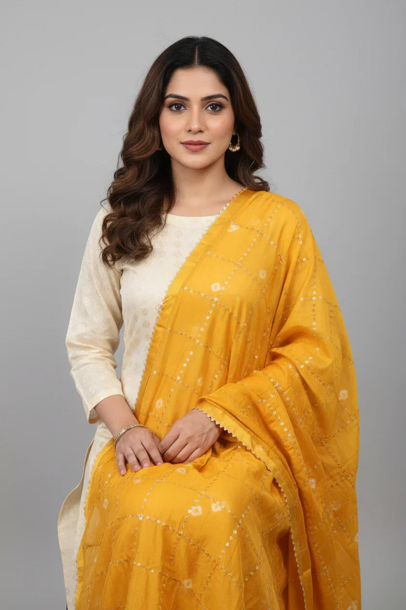 Indian woman in cream kurta with golden embroidery and yellow sequined dupatta, sitting against gray background