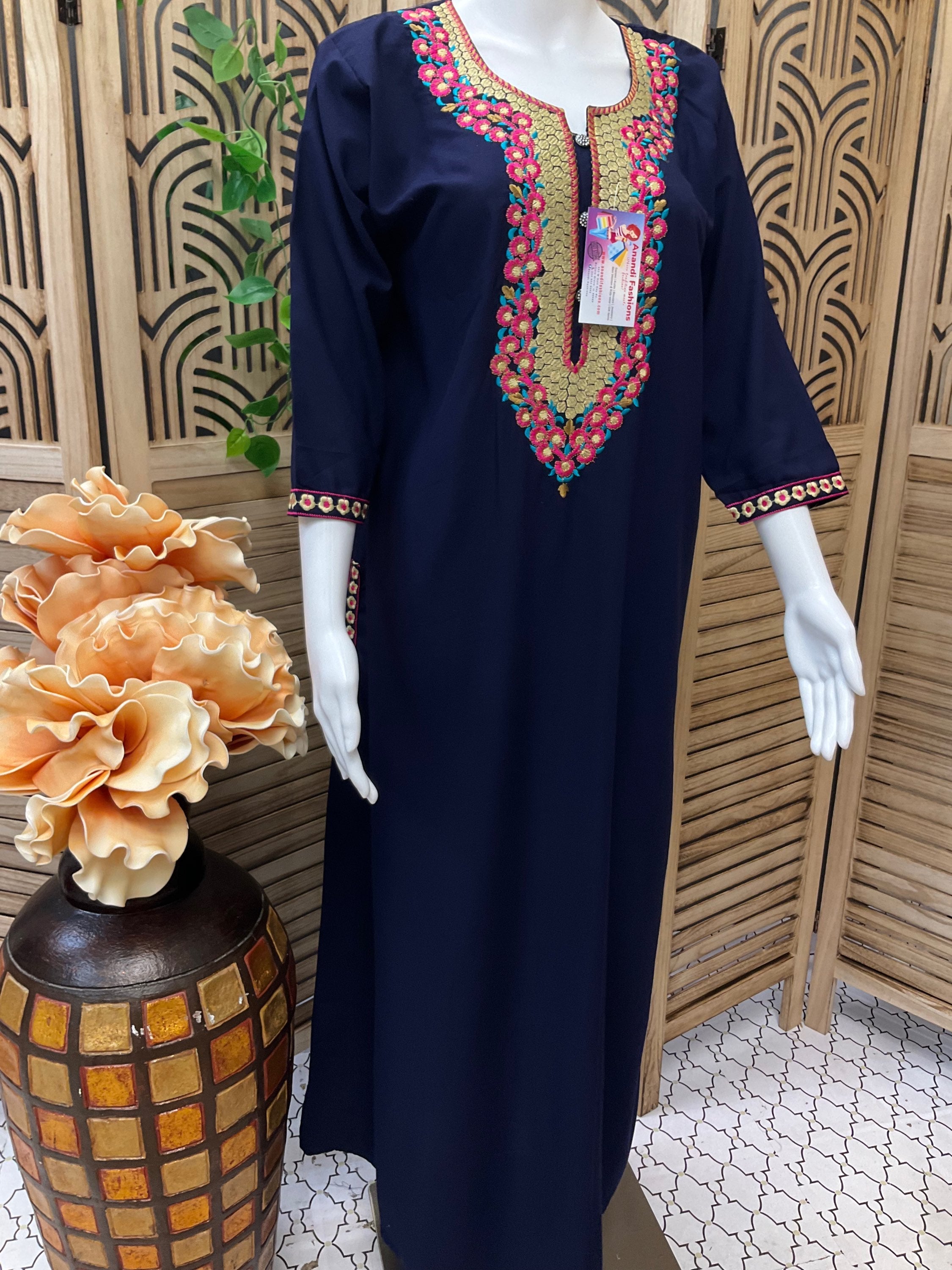 Indian Nighties - Rayon Nighty with neck embroidery and elbow sleeves image 2