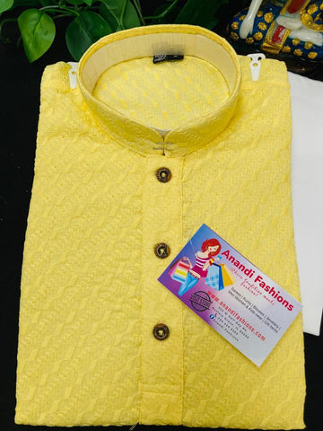 Boys Kurta Set - Boys Cotton Yellow Chikankari Kurta set
