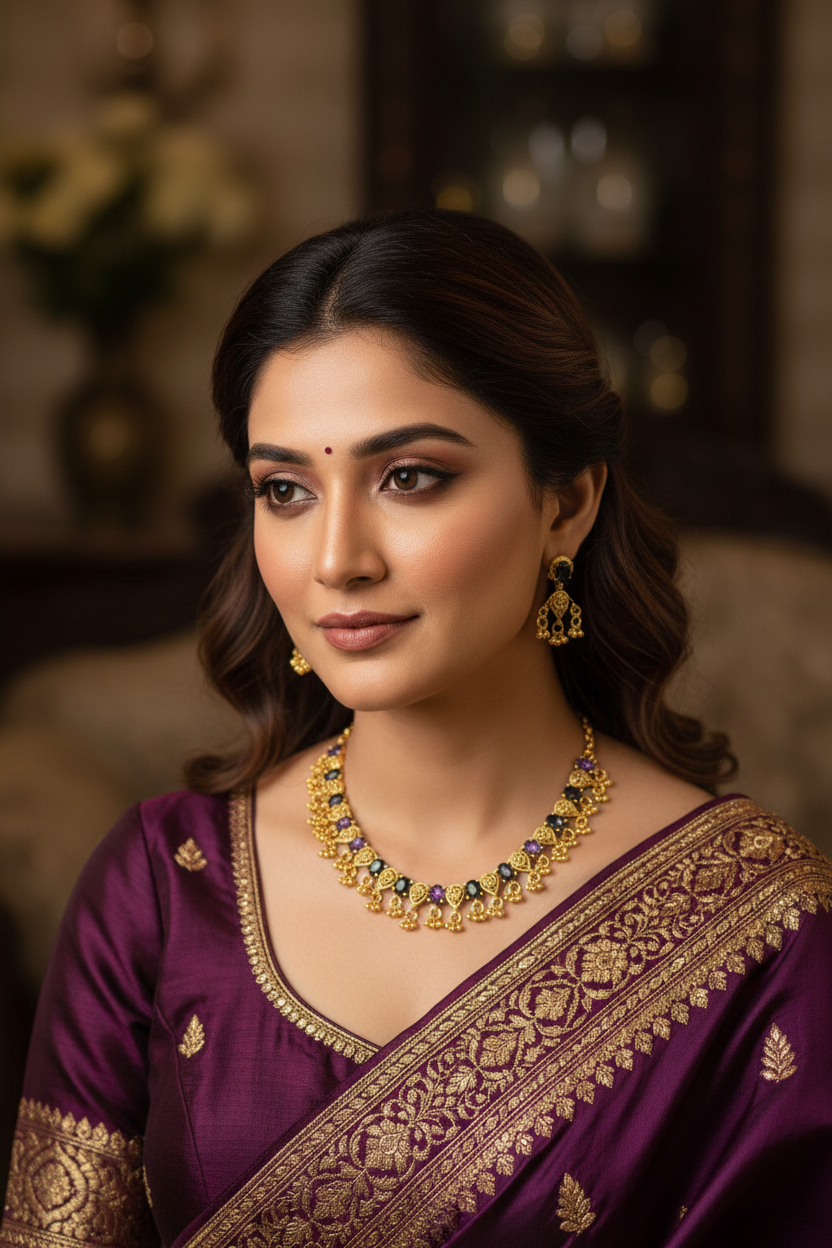 Indian woman in purple silk saree with intricate gold embroidery, wearing traditional gold jewelry