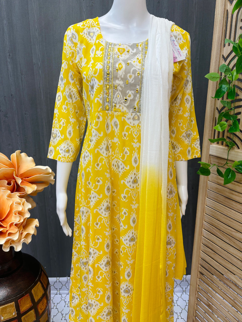 Restocked-Premium Quality Yellow Grey Rayon 3 Piece Kurti set image 1