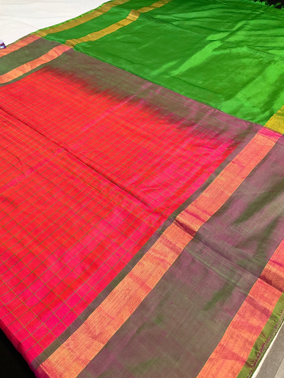 Pinkish Orange Premium  Uppada Silk Checks saree image 3
