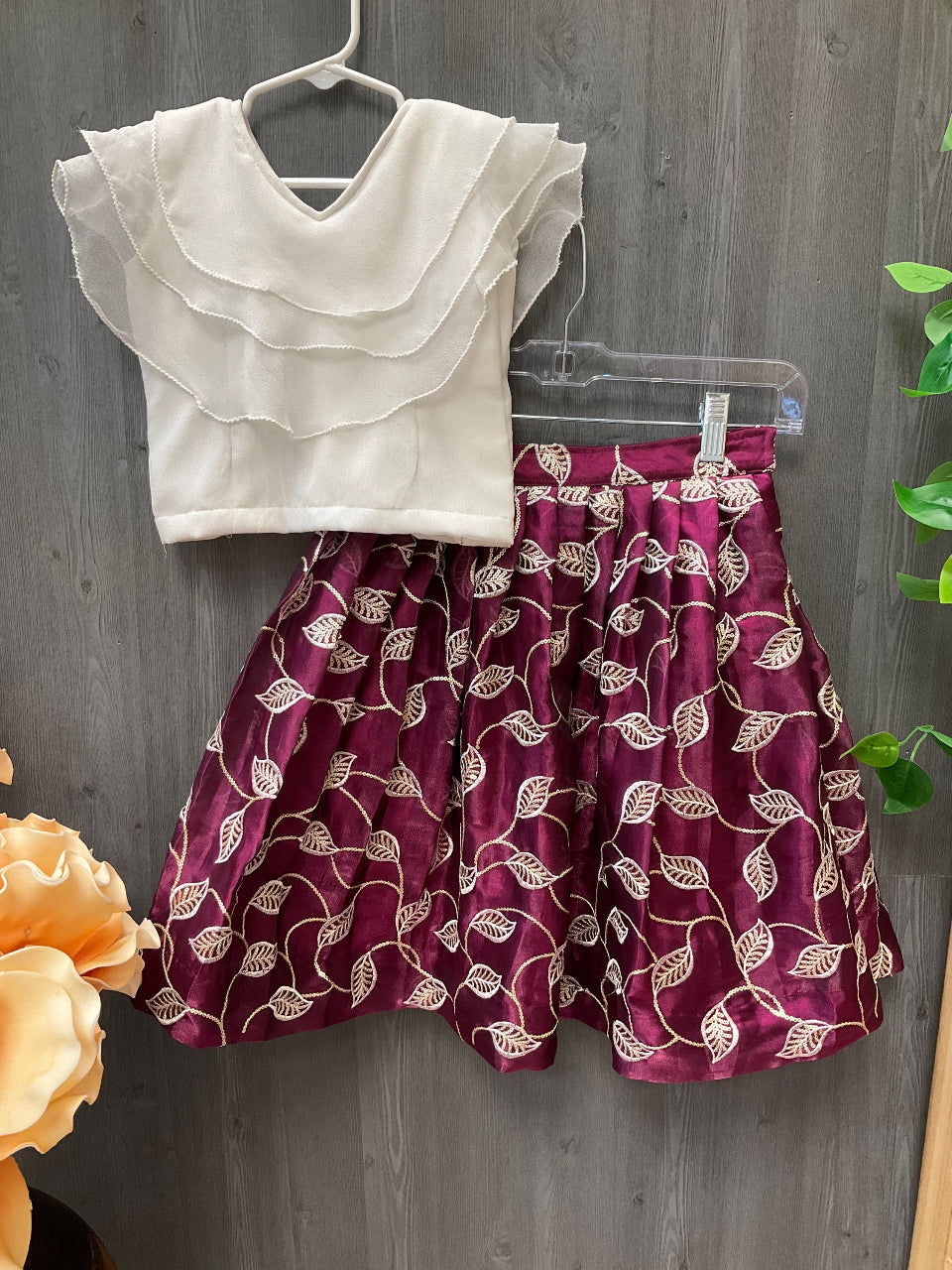 Purple- Toddler Girls Pavadai set with stylish white top image 0