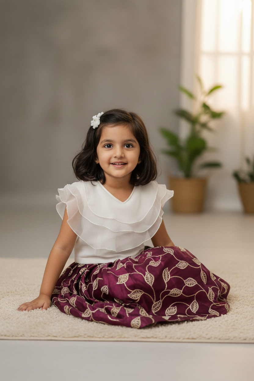 Purple- Toddler Girls Pavadai set with stylish white top