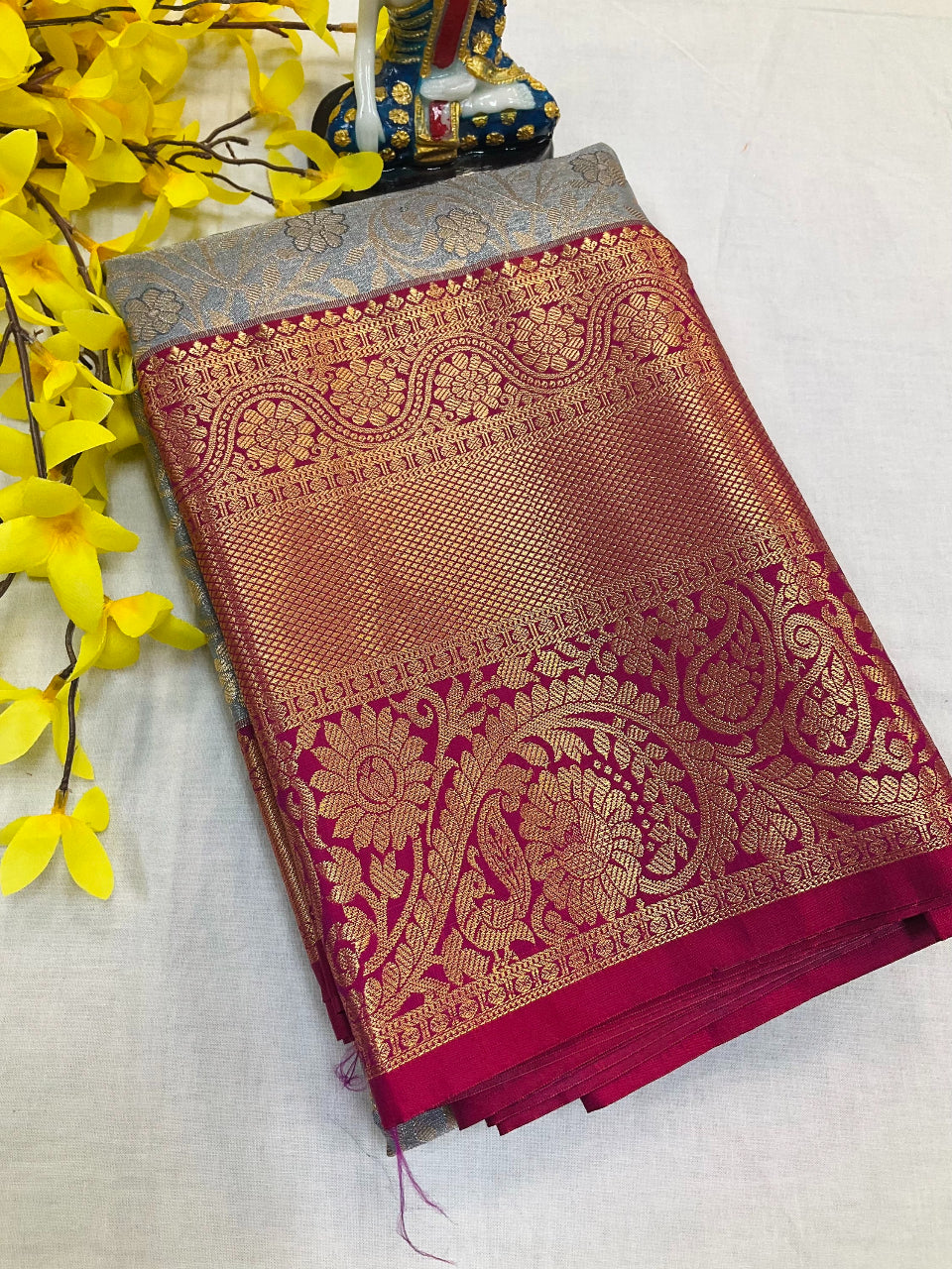 Grey and Maroon Combination -Semi silk Kanjeevaram saree image 1