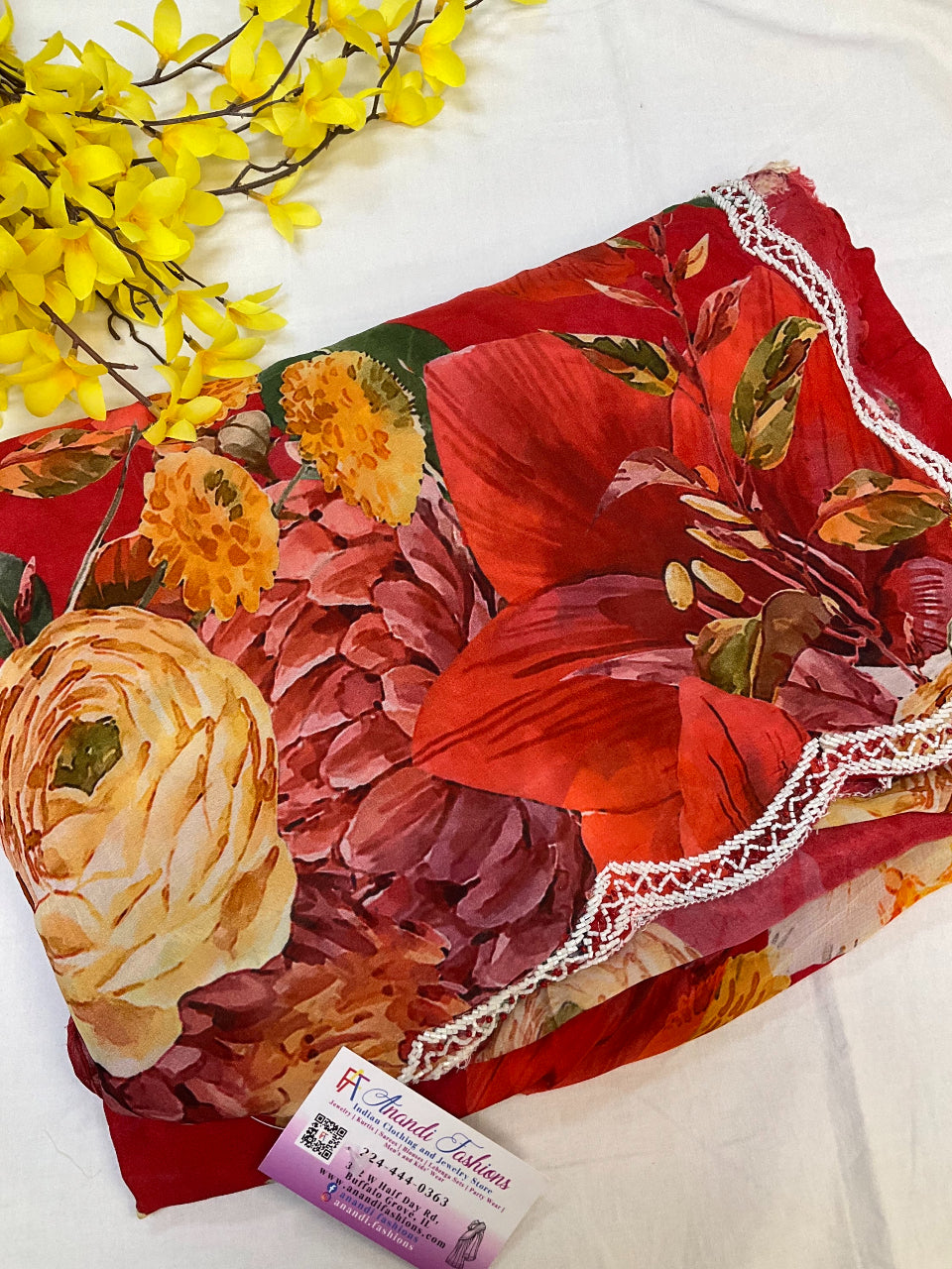 Chinon saree with floral print and bead work image 0