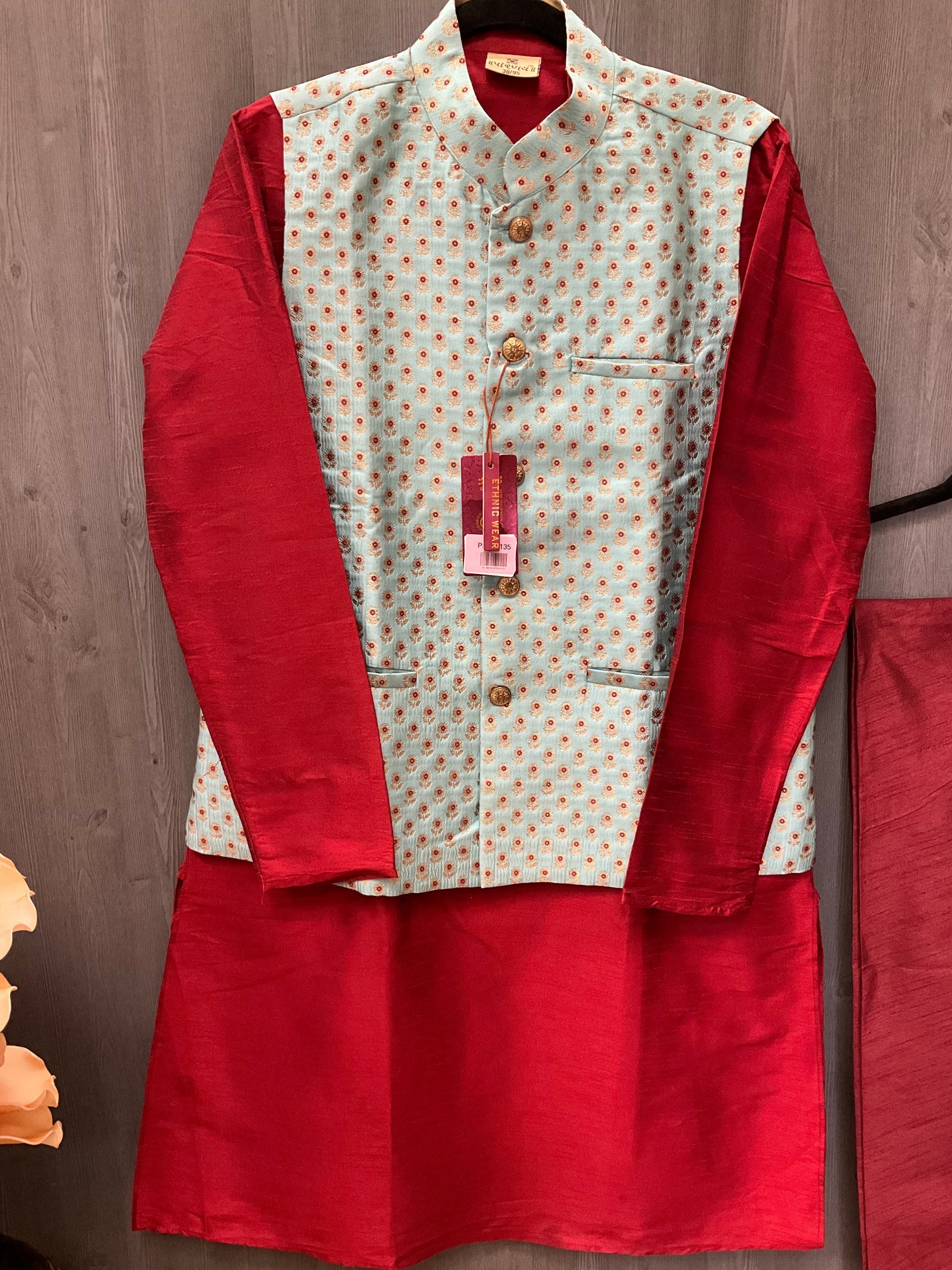 Party Wear for Men - Yellow and Red Men’s kurta set with Vest image 4