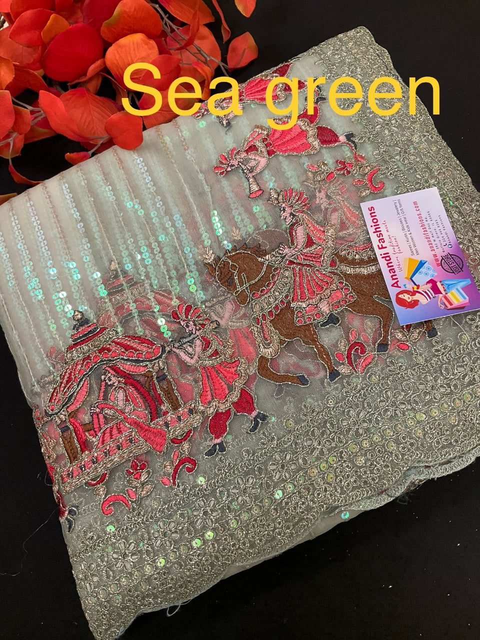 Sequin Saree - Heavy Party Wear with King and Queen Border image 4