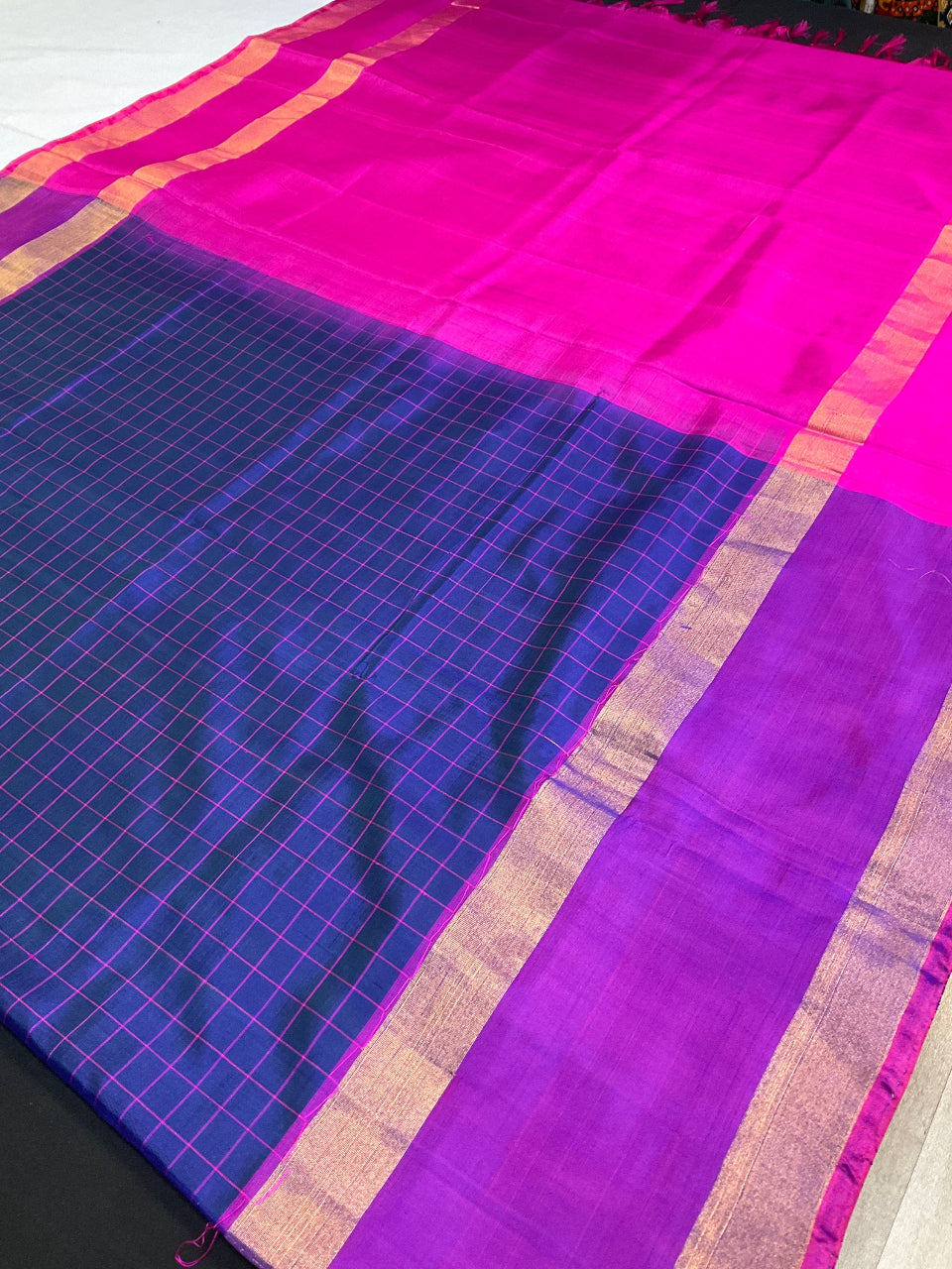 Premium Blue Checks Uppada Silk Saree with Stitched Blouse image 1