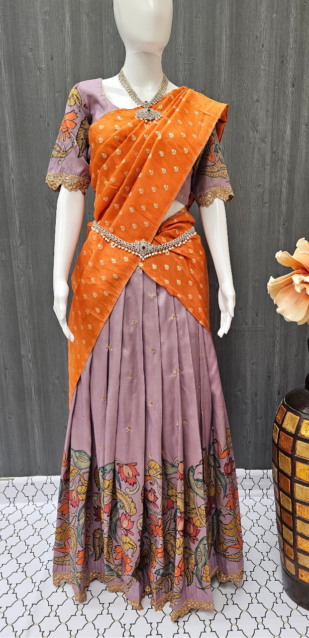 Half Saree - Cute Traditional Style Kalamkari Lehenga Choli \ Langa Voni image 0