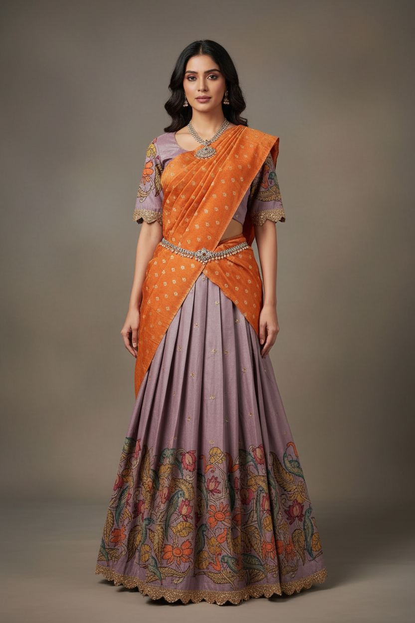 Kalamkari Half Saree Lehenga Set - Traditional Langa Voni
