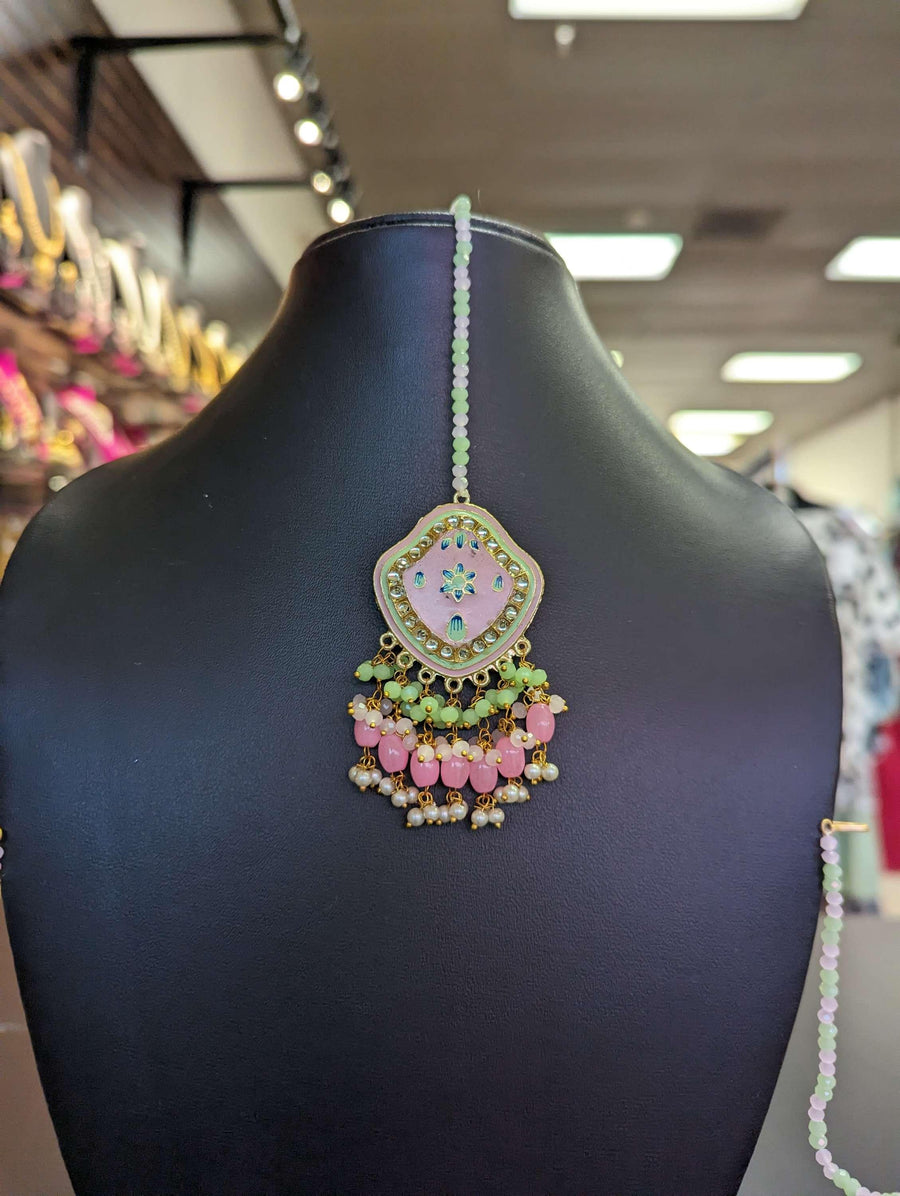 Pink -Indian Jhumka Earrings - Earrings set with Mang tikka