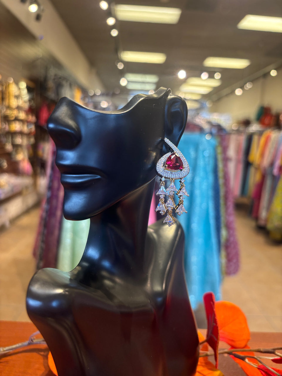 Jhumka Earrings - Designer Wear CZ Earrings with Red Stone image 0