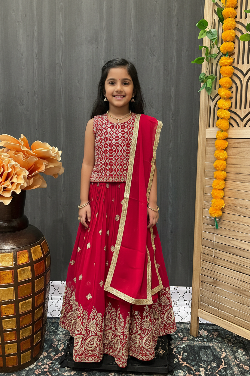 Girls Red Georgette Lehenga Set