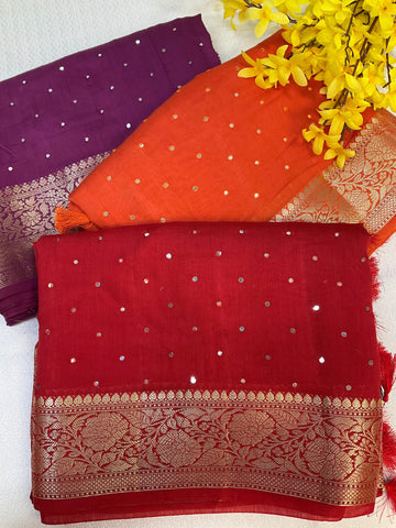 Red Mangalagiri Cotton Silk Saree with Contrast Purple Blouse & Mirrors