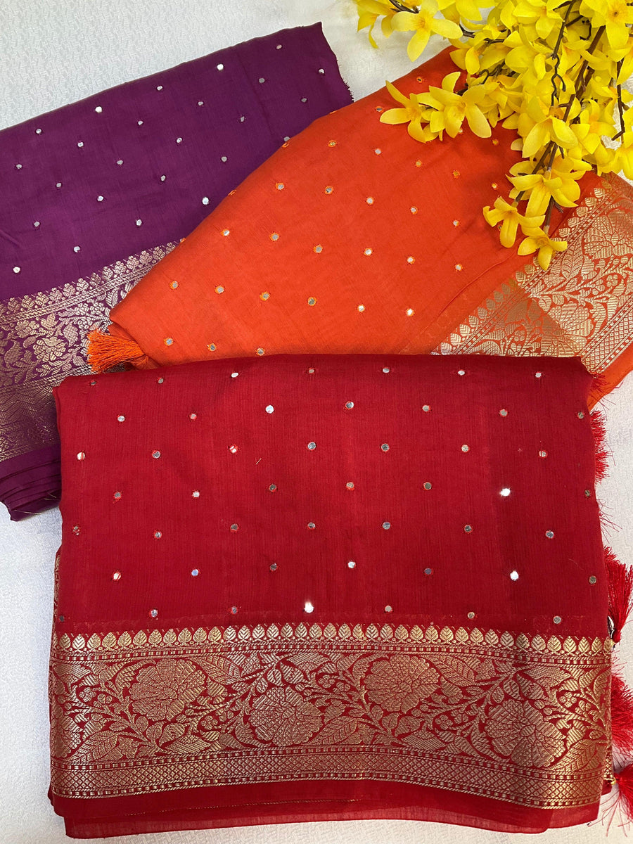 Red Mangalagiri Cotton Silk Saree with Contrast Purple Blouse & Mirrors