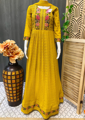 Mustard Yellow Party Wear Long Gown/Dress - Indian Ethnic Wear