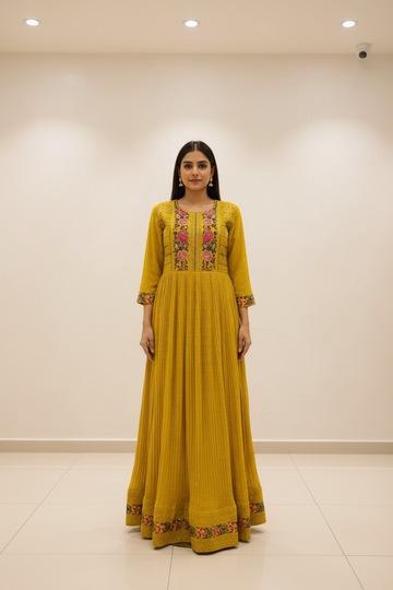 Mustard Yellow Party Wear Long Gown/Dress - Indian Ethnic Wear
