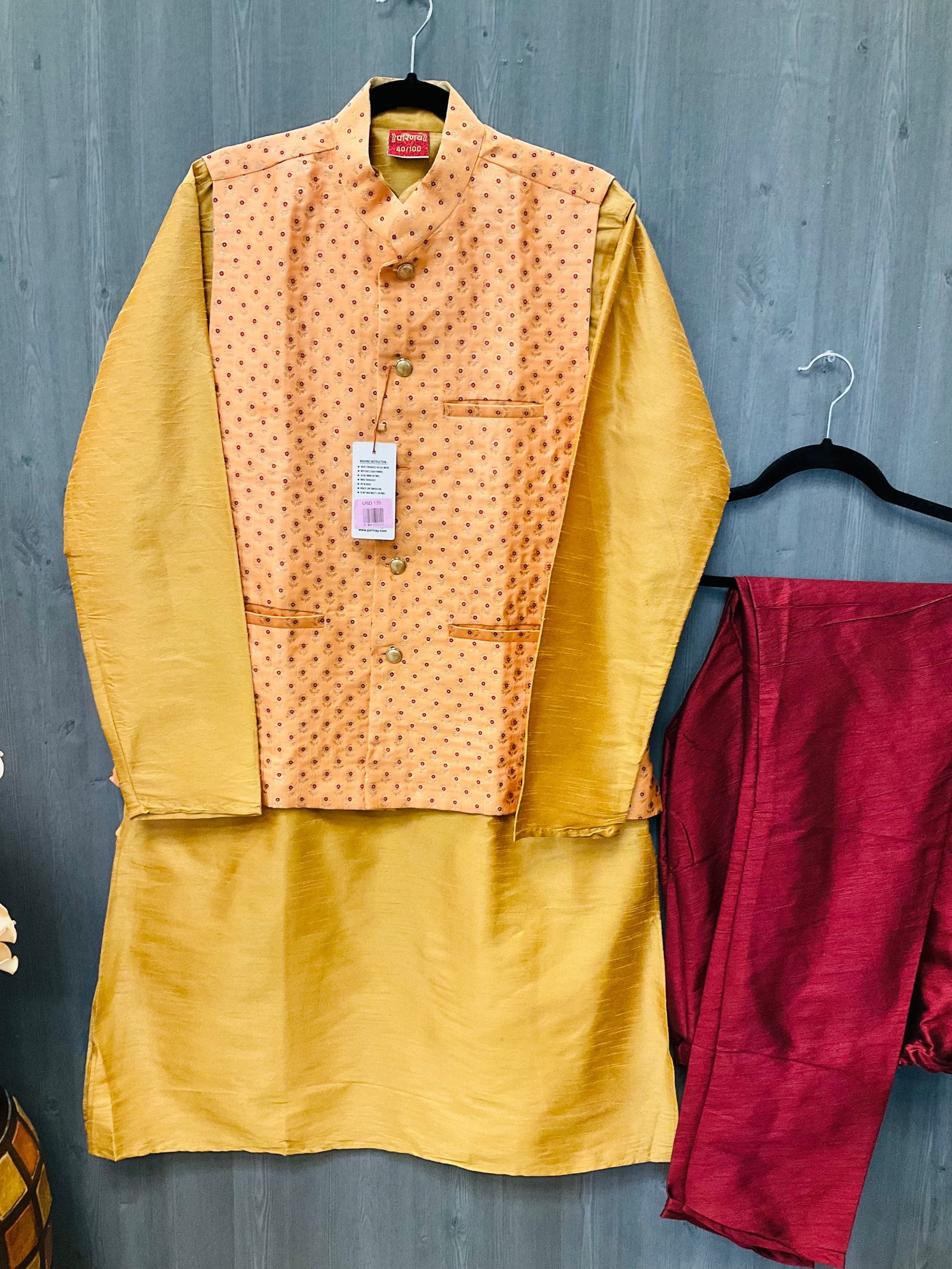 Party Wear for Men - Yellow and Red Men’s kurta set with Vest image 1