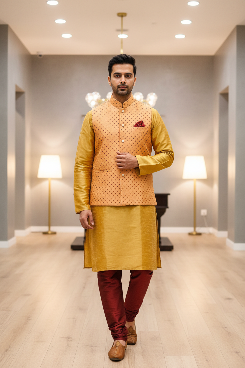 Party Wear for Men - Yellow and Red Mens kurta set with Vest