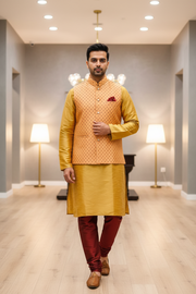 Men’s Yellow and Red Kurta Set with Vest