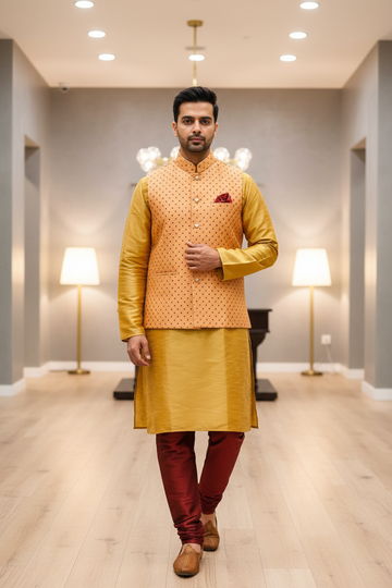 Party Wear for Men - Yellow and Red Mens kurta set with Vest