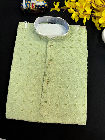 Boys Mint Green Chikankari Kurta Pajama Set - Traditional Kids Wear