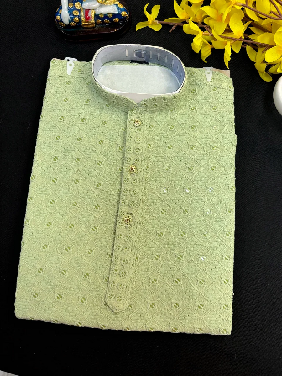 Boys Mint Green Chikankari Kurta Pajama Set - Traditional Kids Wear
