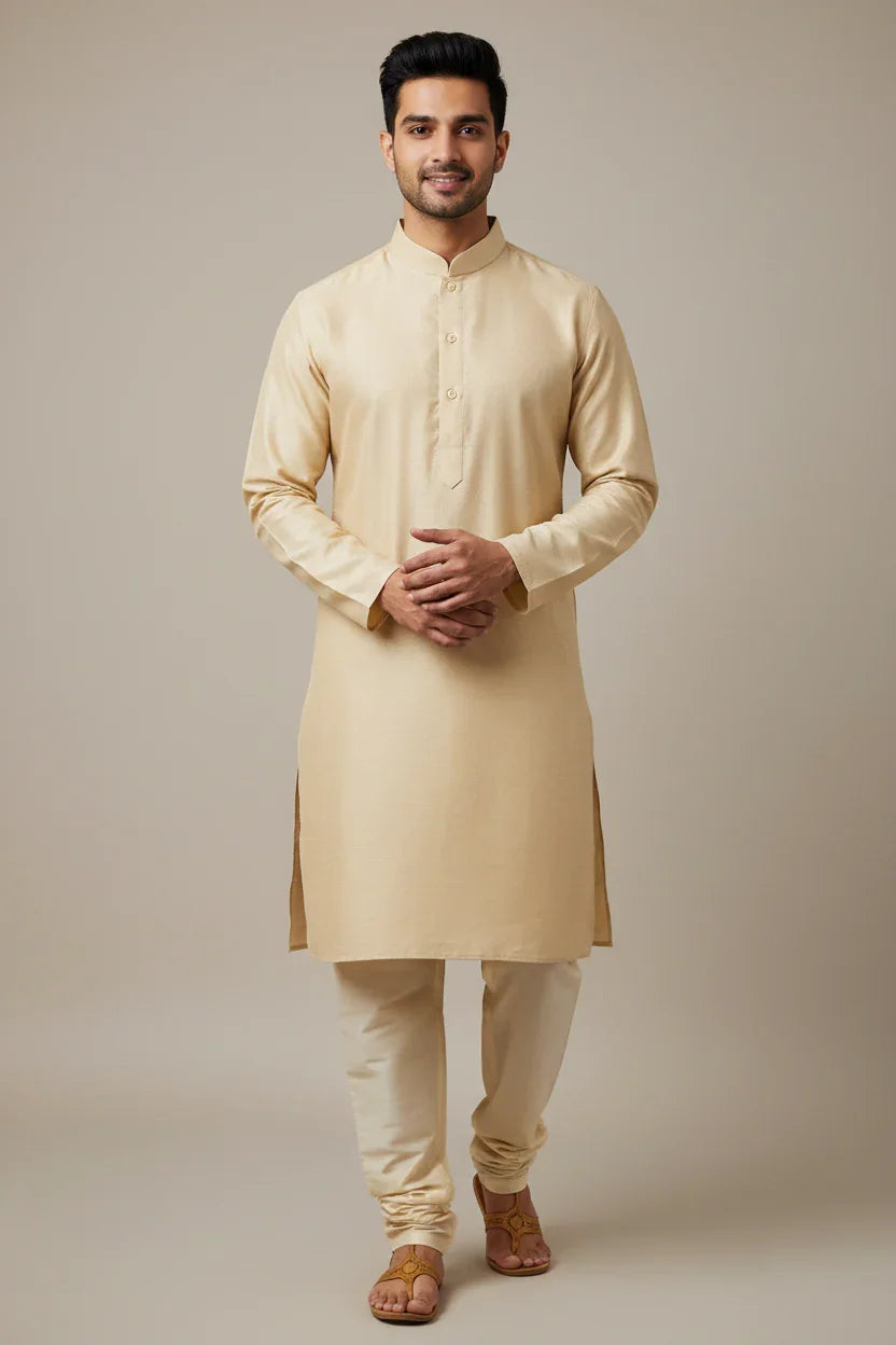 Smiling man wearing cream-colored traditional Indian kurta and churidar with brown sandals on beige background