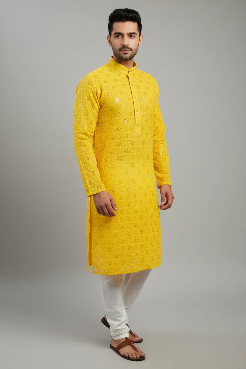 Man wearing yellow embroidered Indian kurta with white churidar pants and brown sandals against grey backdrop