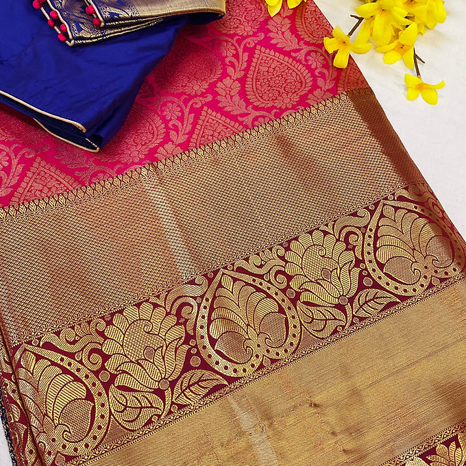 Pink -Semi Kanjeevaram Silk Saree with stitched Blouse