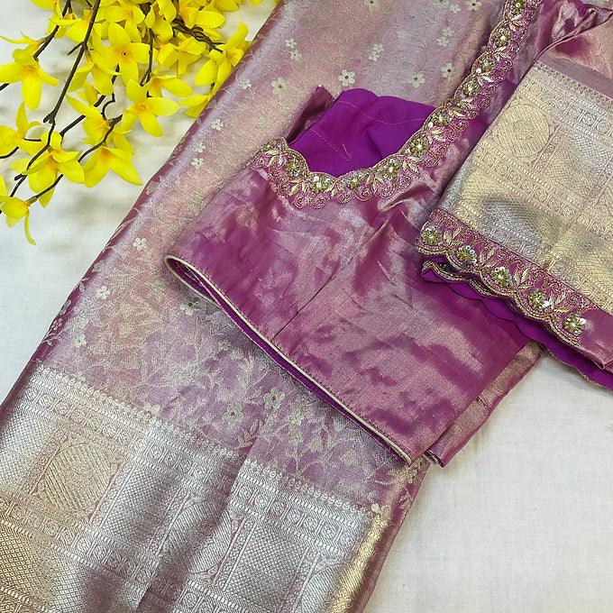 Pure Silk Pastel Colors Kanjeevaram Tissue Saree with Stitched Work Blouse