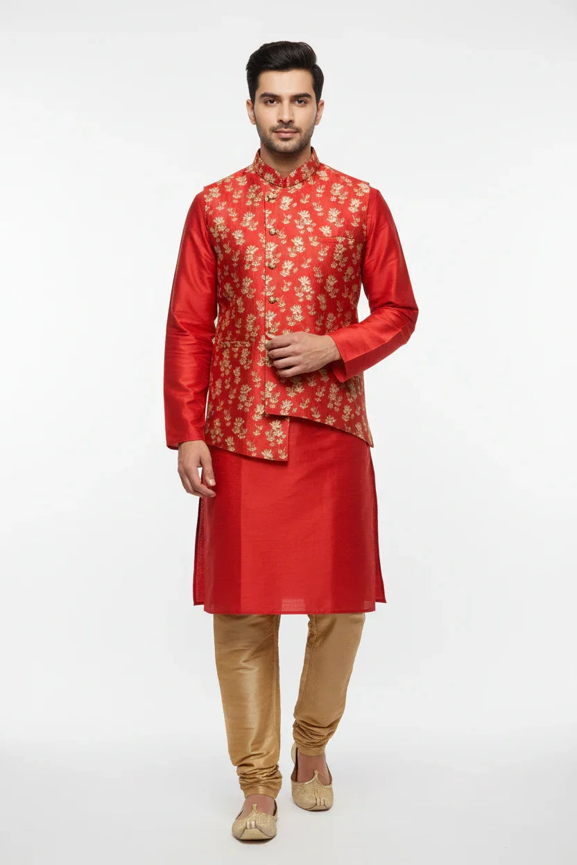 Man wearing red Indian ethnic kurta with gold floral embroidered jacket and beige churidar pants