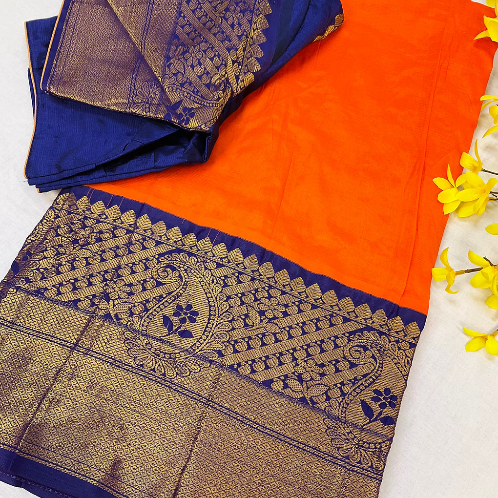 Orange - Mangalagiri Silk Saree with stitched Blouse-handloom saree