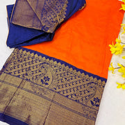 Orange Mangalagiri Silk Saree with Stitched Blouse - Pure Handloom