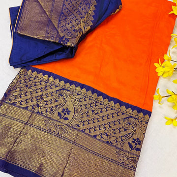 Orange Mangalagiri Silk Saree with Stitched Blouse - Pure Handloom