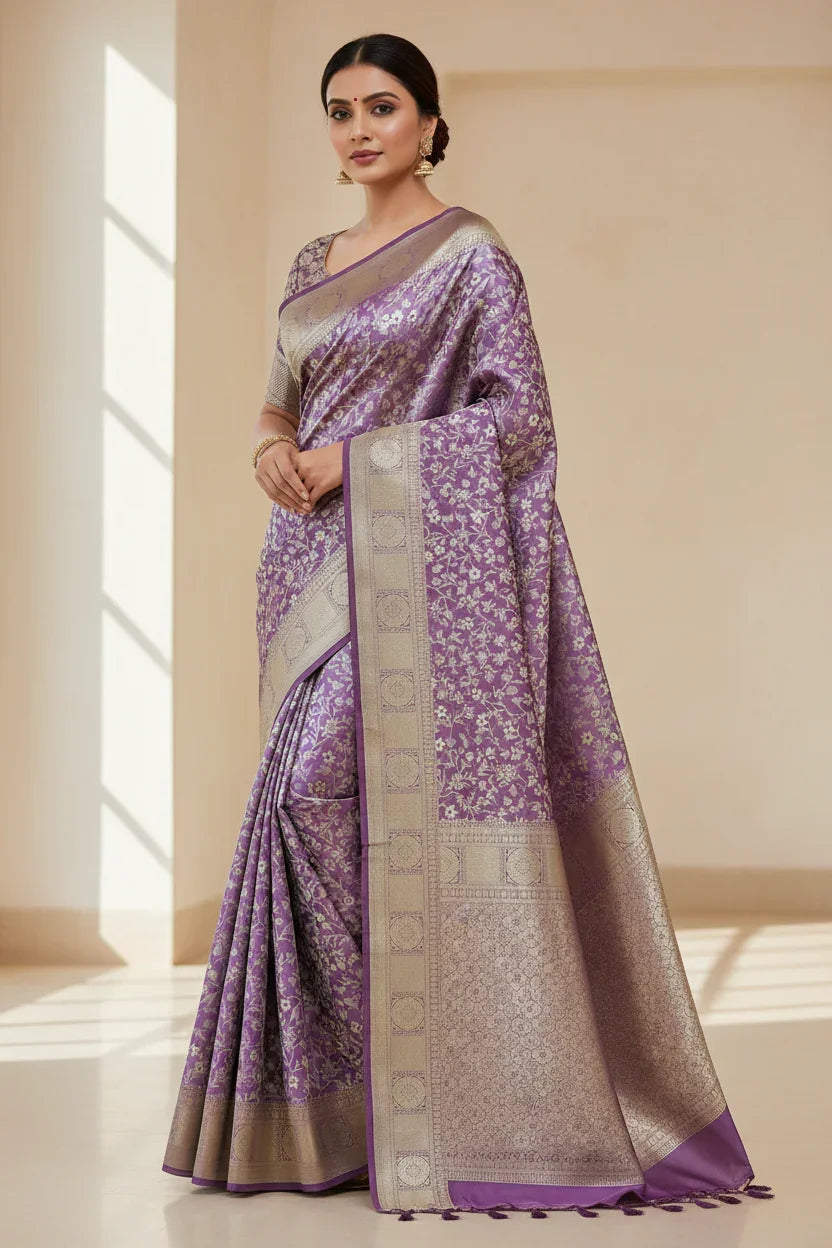 Woman wearing a purple saree with a beige background