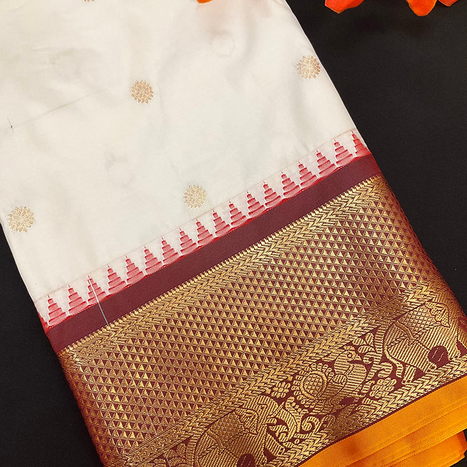 Half white/Cream color- Semi Gadwal Pattu Saree